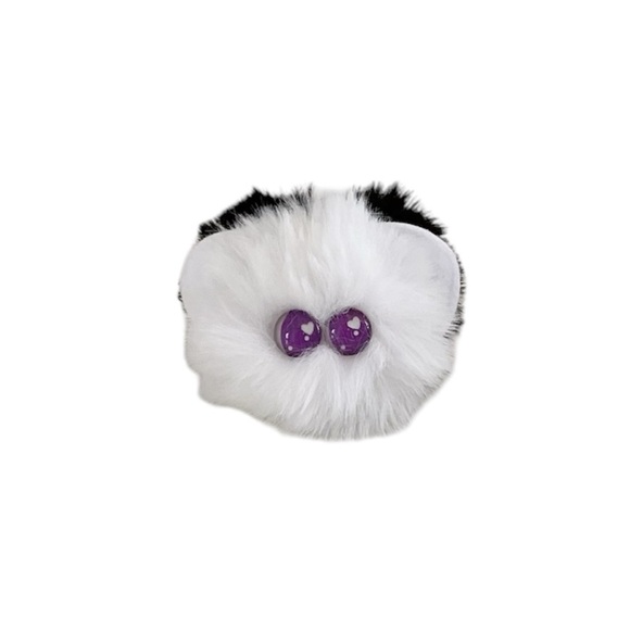 Black & White Character Fluffy Pom Pom Keychain Accessory with Purple Heart Eyes - Picture 4 of 12